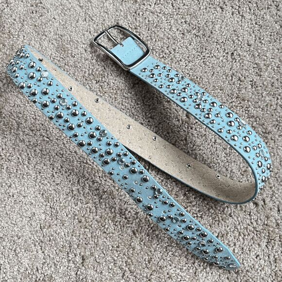 VTG Y2K Baby Blue Studded Rhinestone Leather Belt Wide McBling 1.75” 43” main image 7